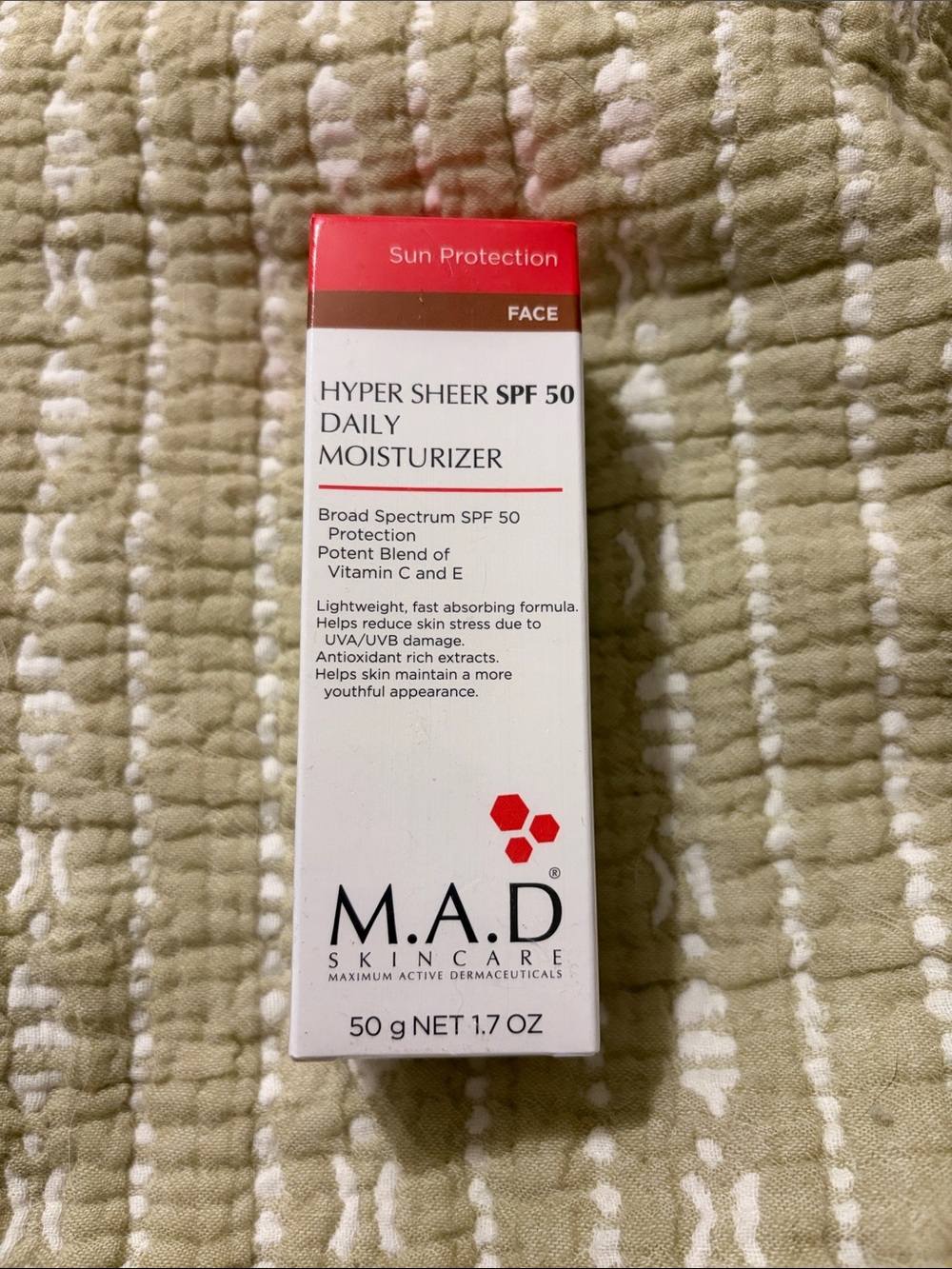 M.A.D Hyper Sheer SPF 50 Daily Moisturizer — White & Red